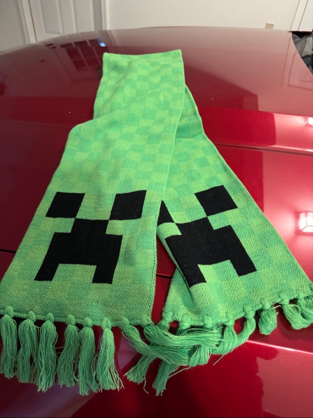Green Kids Creeper Pattern Scarf with Black Accents